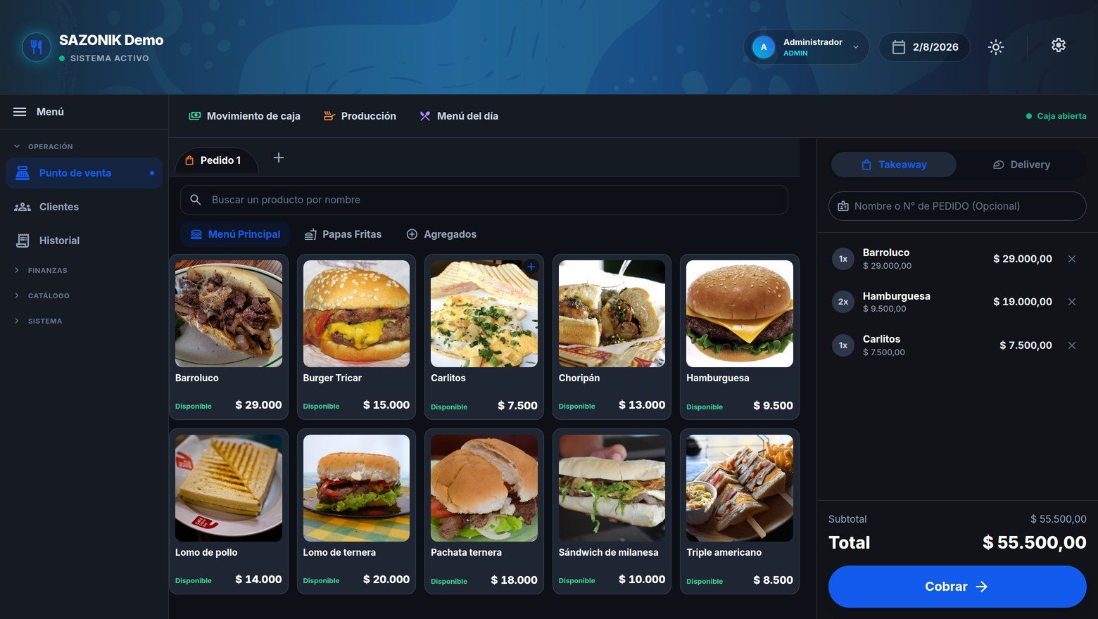 SAZONIK · punto de venta con el pedido armado