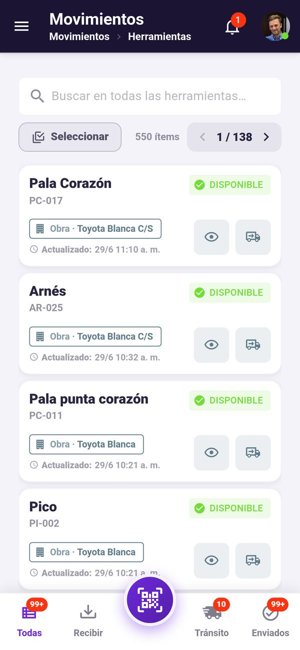 VOBRA · movimientos de herramientas desde el celular